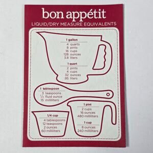 Bon Appetit Kitchen Measurement Conversion Magnet Liquid Dry Equivalents 3.5x5